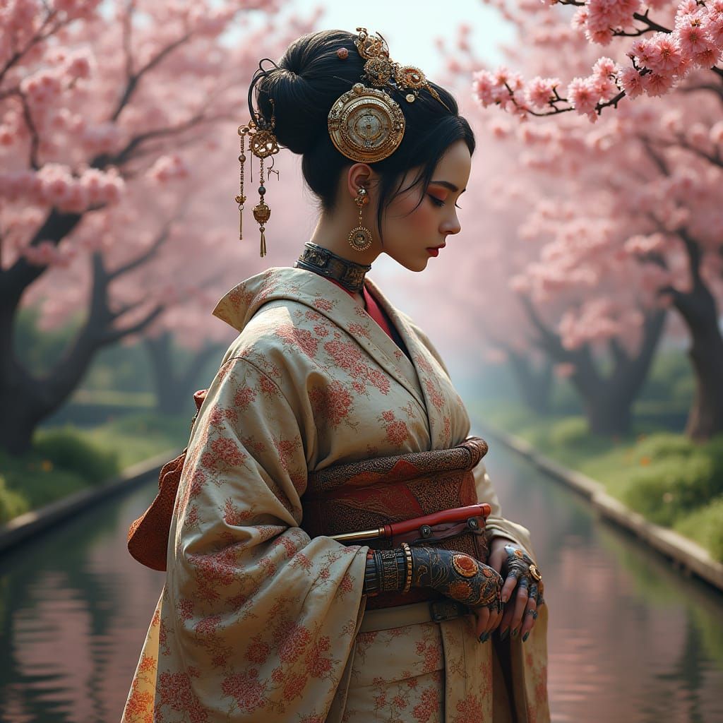Steampunk Cyborg Geisha in Futuristic Garden