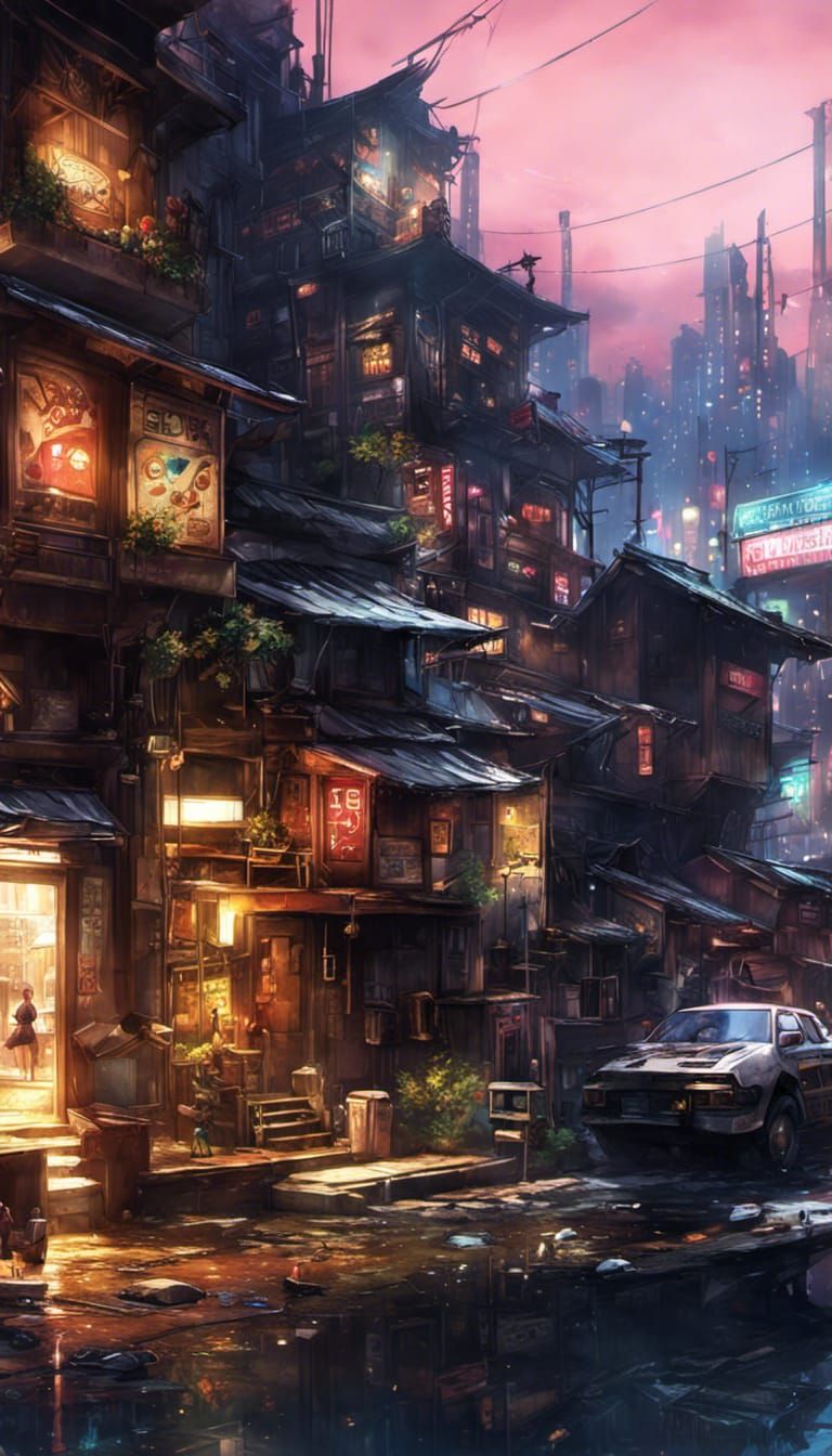 Anime Cyberpunk Shore Town in Digital Art Style