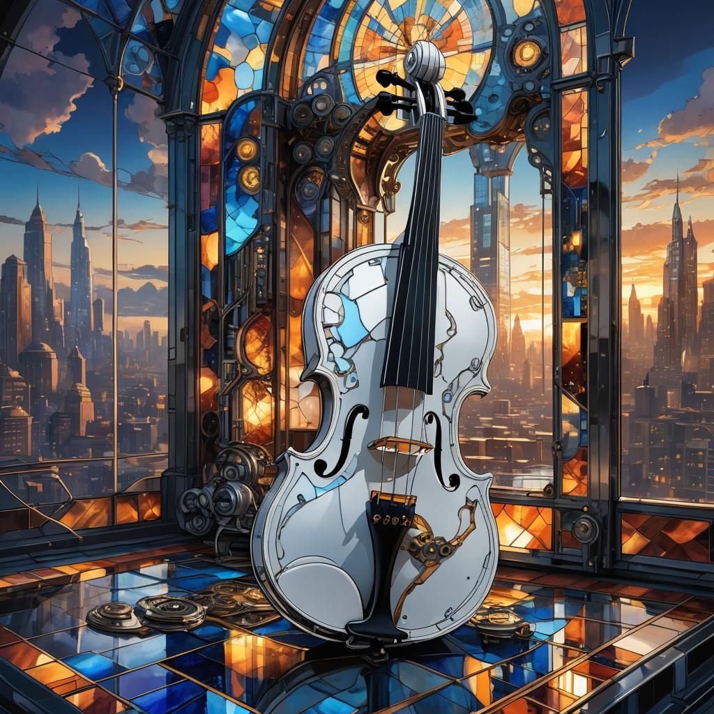 Mechanical Violin on Stained Glass in Sci-Fi City