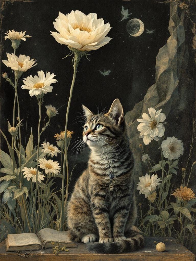 Mystical Cat Under Flower in Victorian Gothic Style