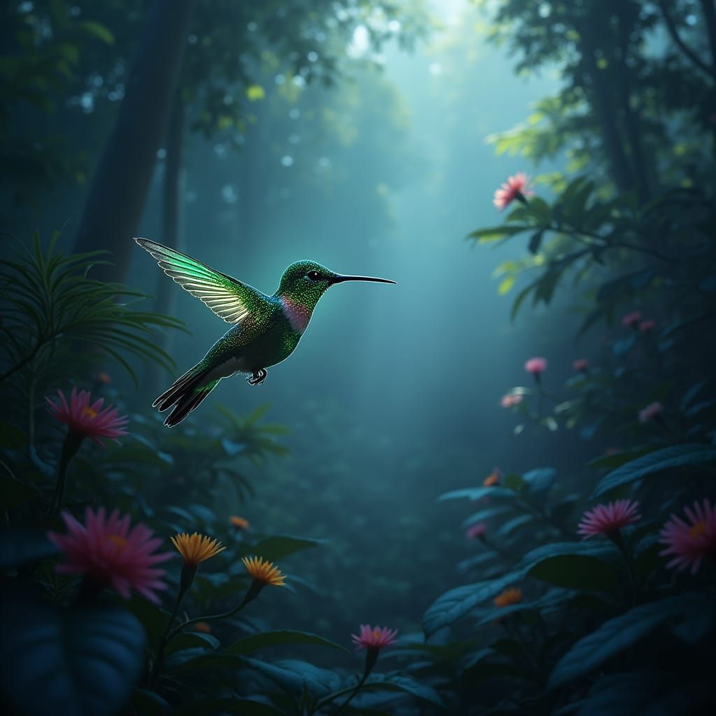 Luminous Hummingbird in a Mystical Rainforest Glade