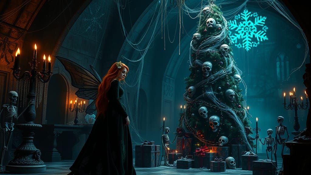 Dark Fantasy Christmas Crypt Scene with Ethereal Faerie