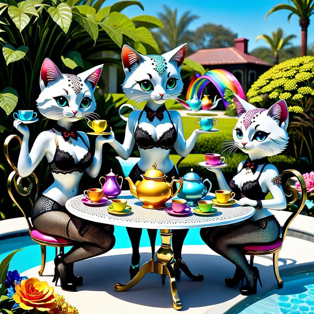 Opulent Kitten Tea Party in Metallic Pointillism Style