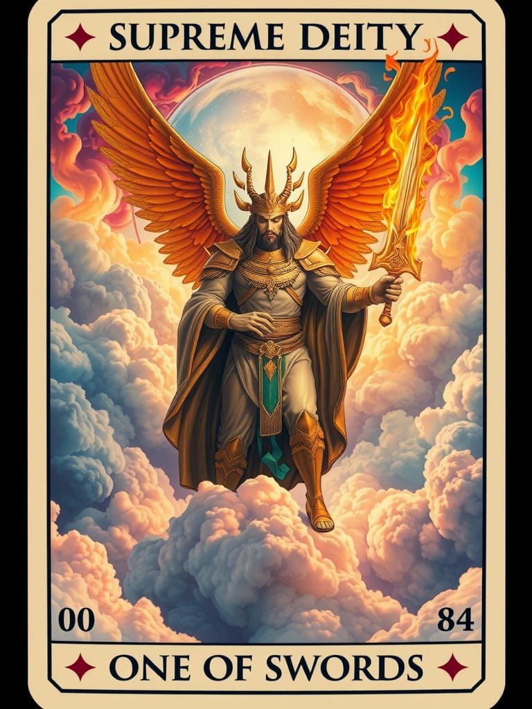 Supreme Deity of Celestial Annunaki Holding Flaming Sword in...