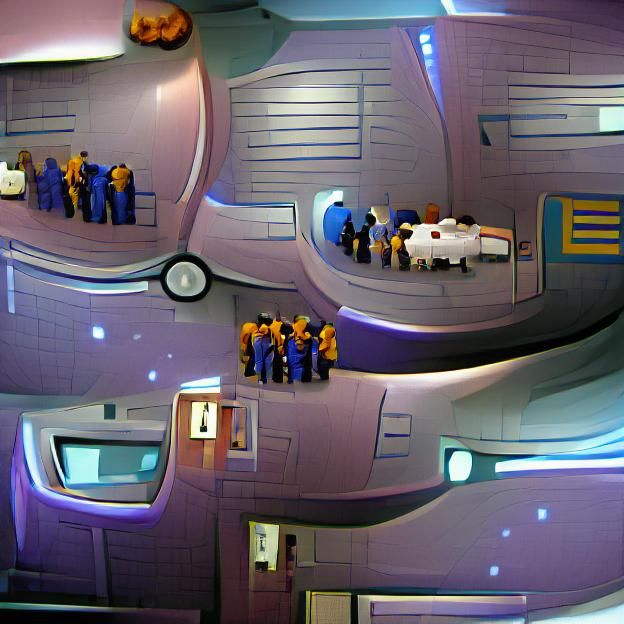 Spaceship Crew Medical Checkup in Hallway