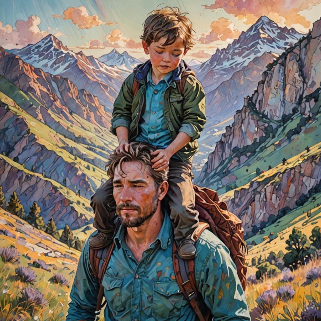 Child Rides Father's Shoulders: Impressionistic Mountain Sce...