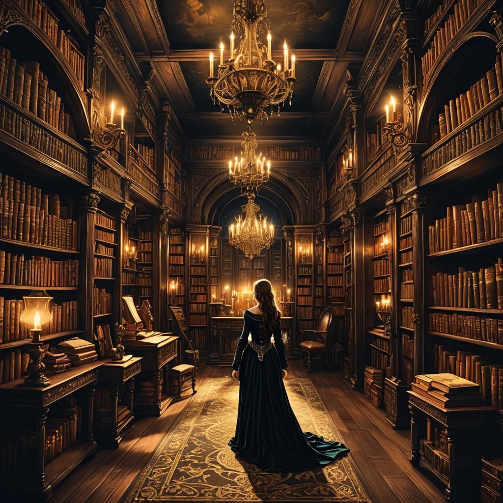 Candlelit Medieval Library with Woman, in Tenebrism Style