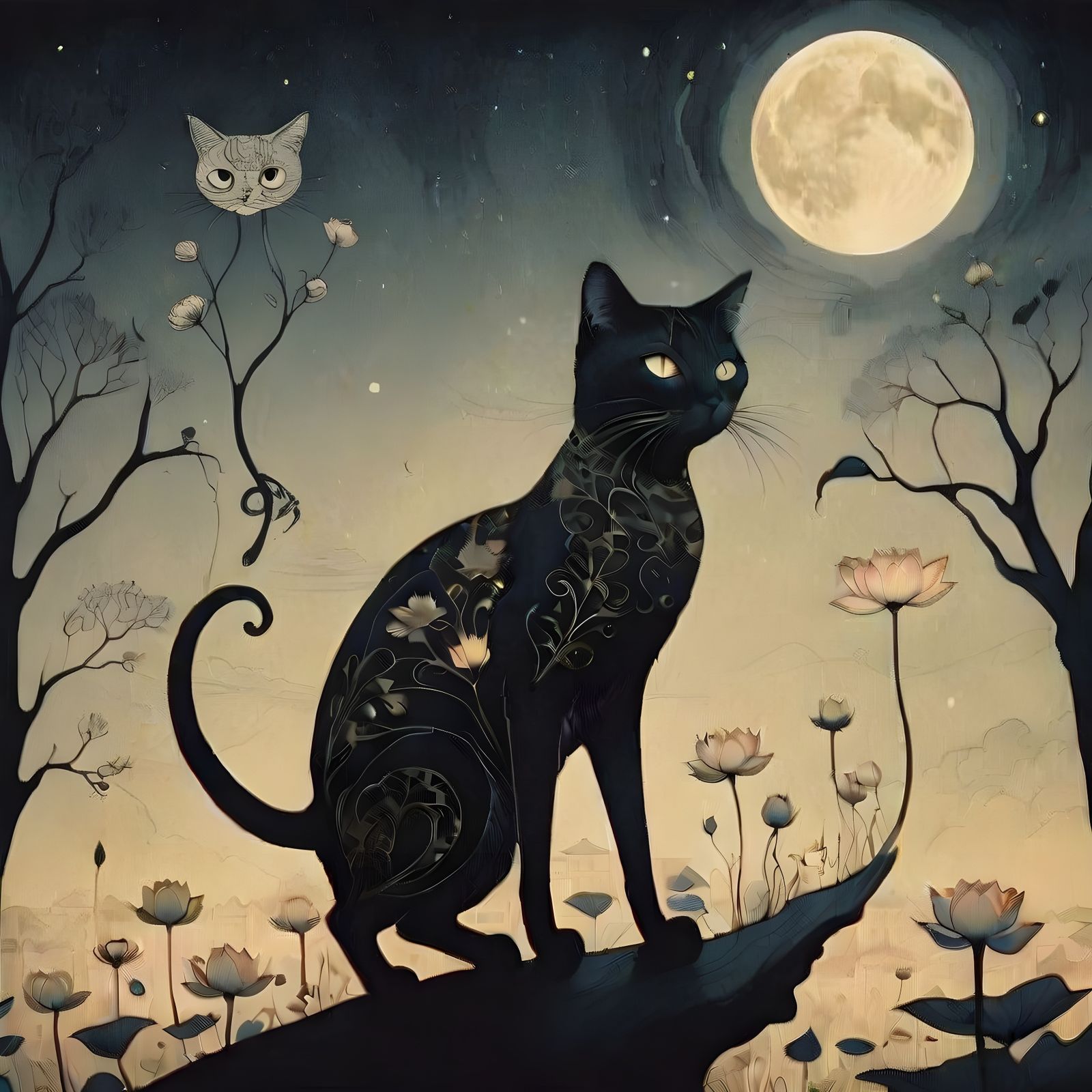 Whimsical Cat Strolls on a Moonlit Rooftop in Dark, Ink Draw...