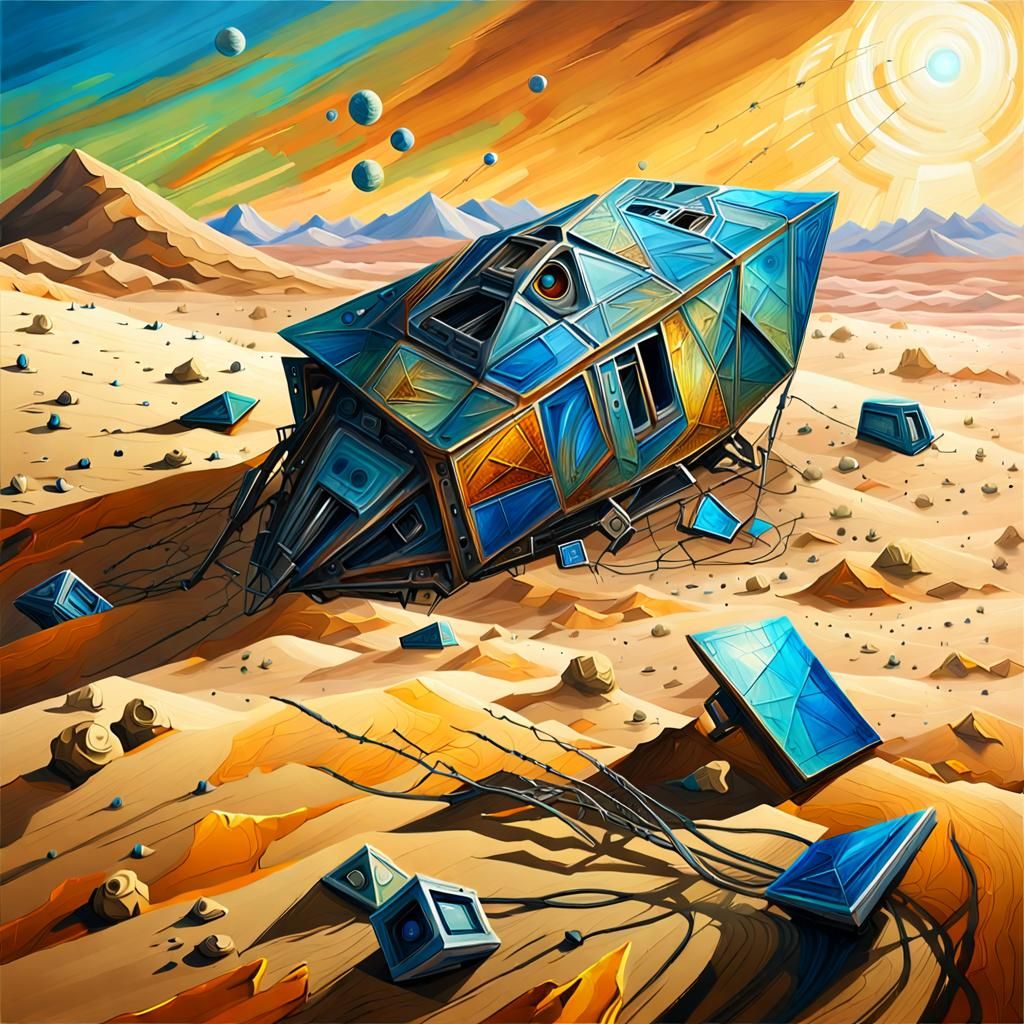 Surreal Spacecraft Wreckage in Desert Landscape Painting