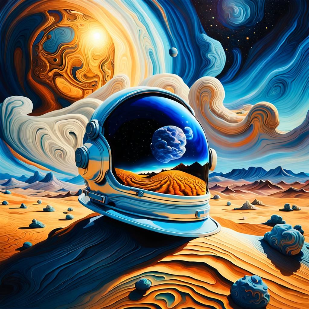 Surreal Abandoned Helmet on Alien Planet as Oil Painting