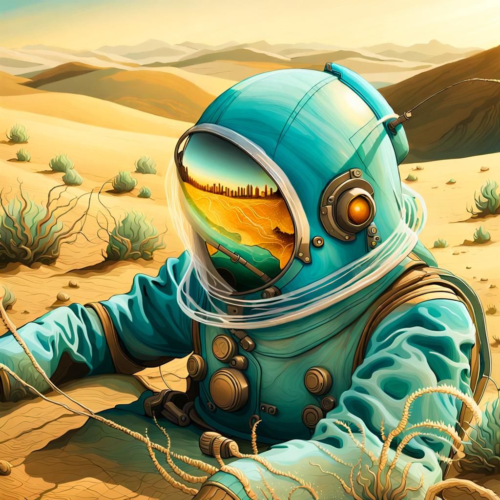 Abandoned Spacesuit in Surreal Desert Landscape