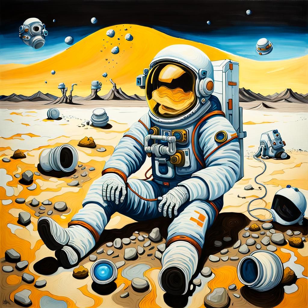 Surreal Abandoned Astronaut Suit in Desert Landscape