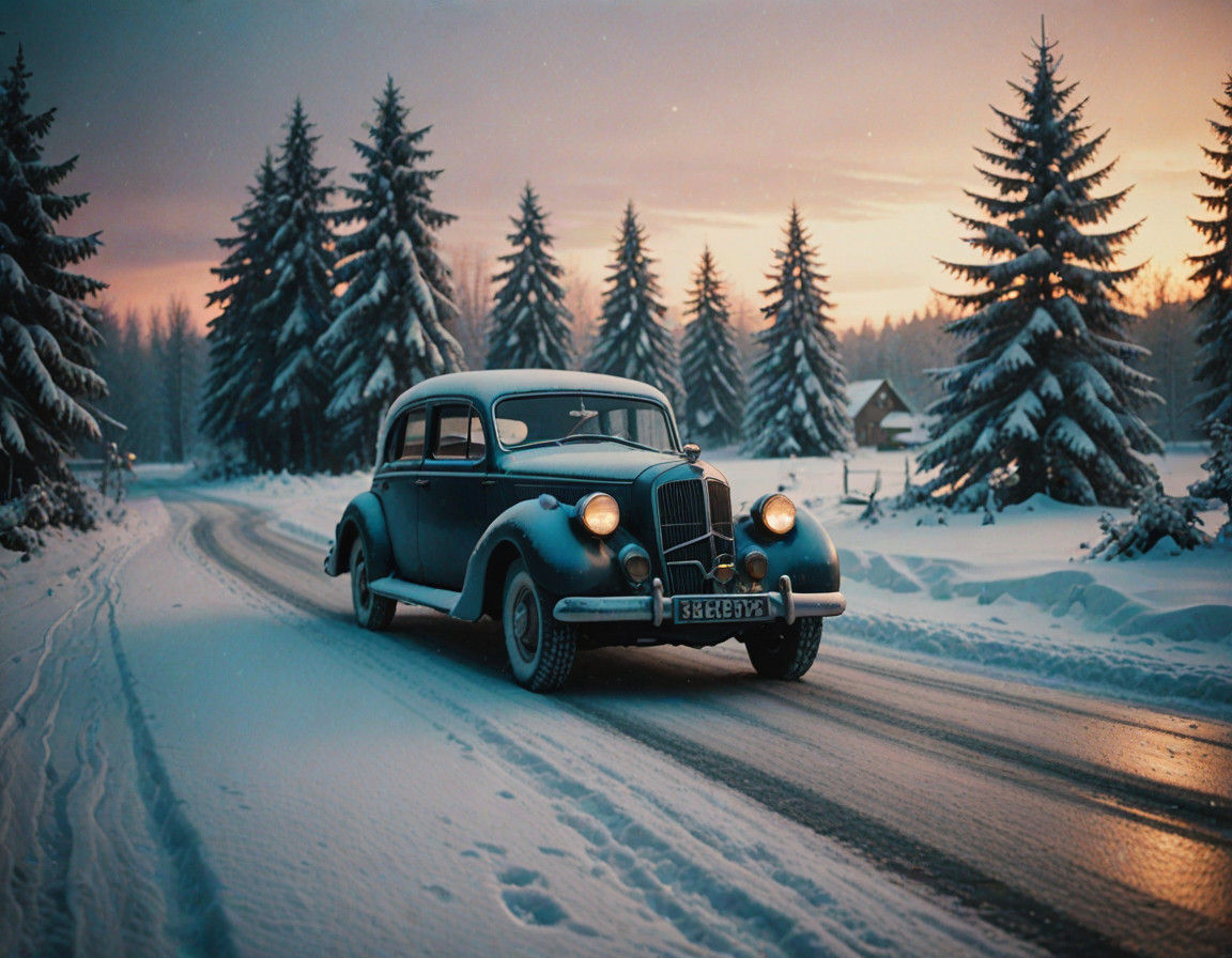Father Christmas Drives an Old Car Through the Snowy Night