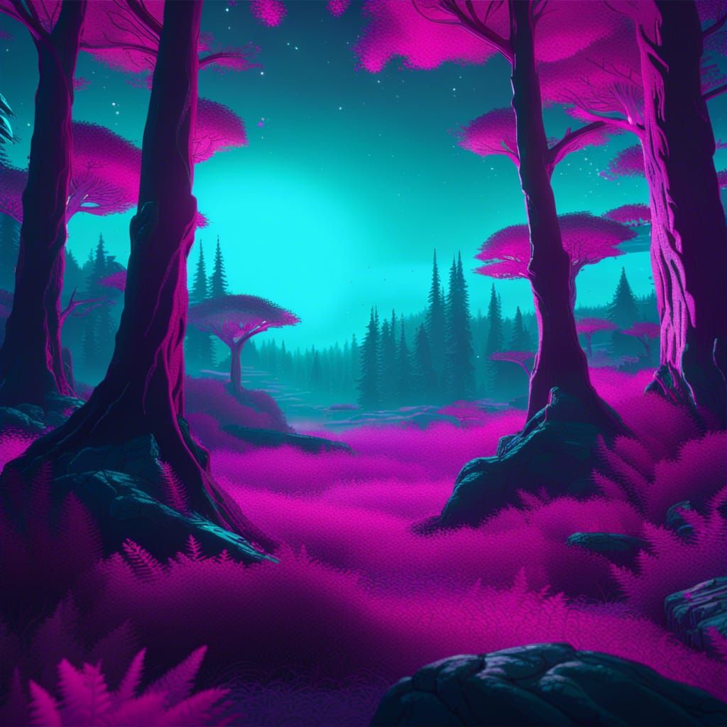 Synthwave Valley View with Silhouetted Trees