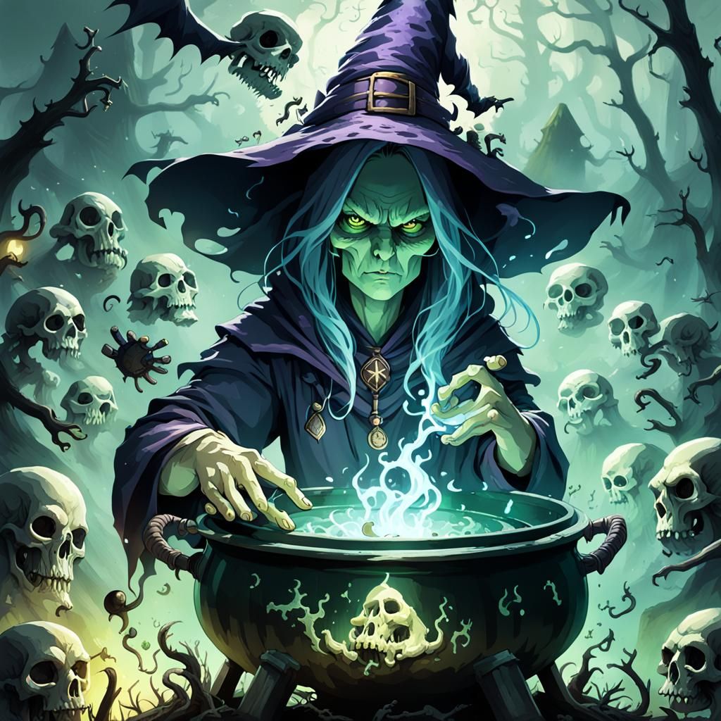 Witch Brews Potions in a Misty Swamp