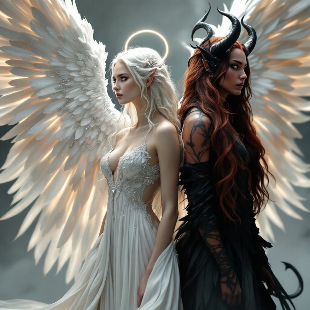 Ethereal Angel Goddess with Majestic Wings, Beside a Dark De...