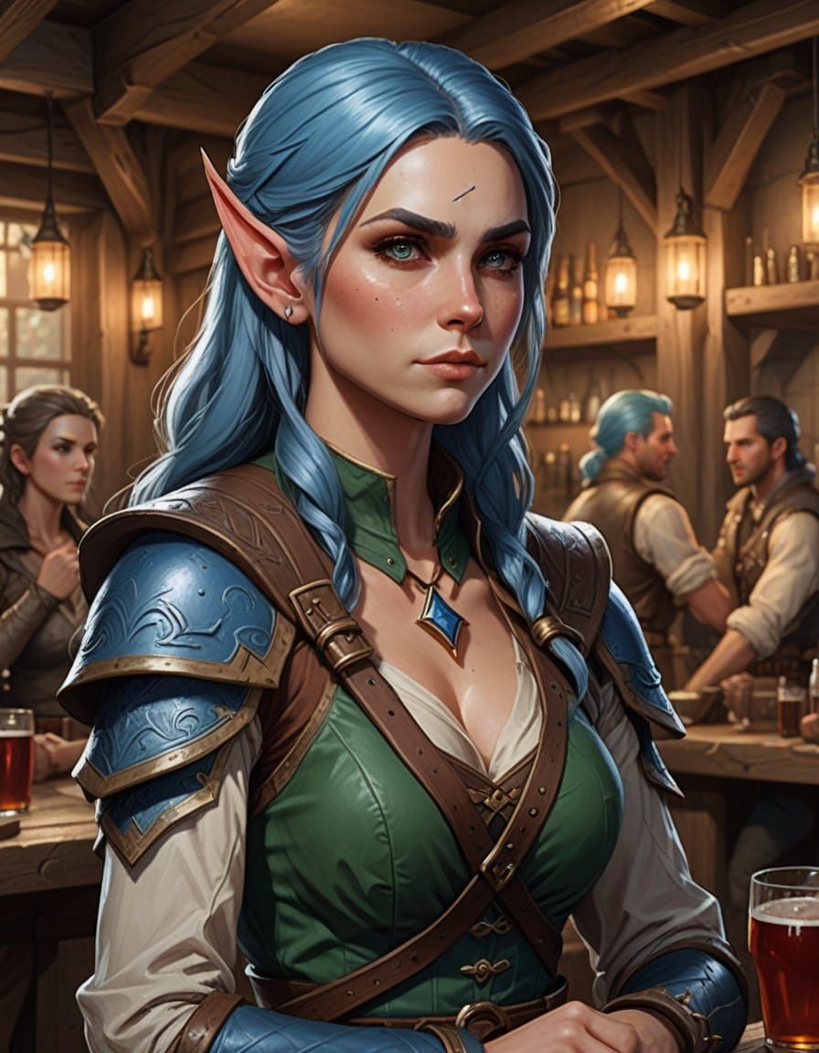 Blue-Haired Elf Hunter in Tavern Scene