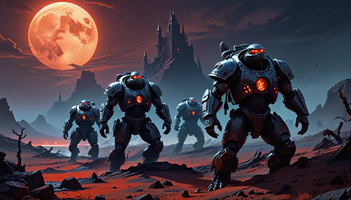 War Terrapins March Under Lunar Eclipse in Dark Gothic Style