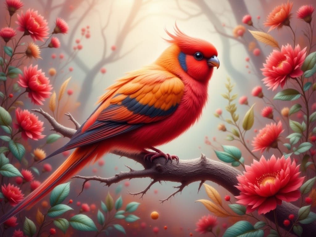 Crimson Budgie in Dreamy Forest, Impasto Style