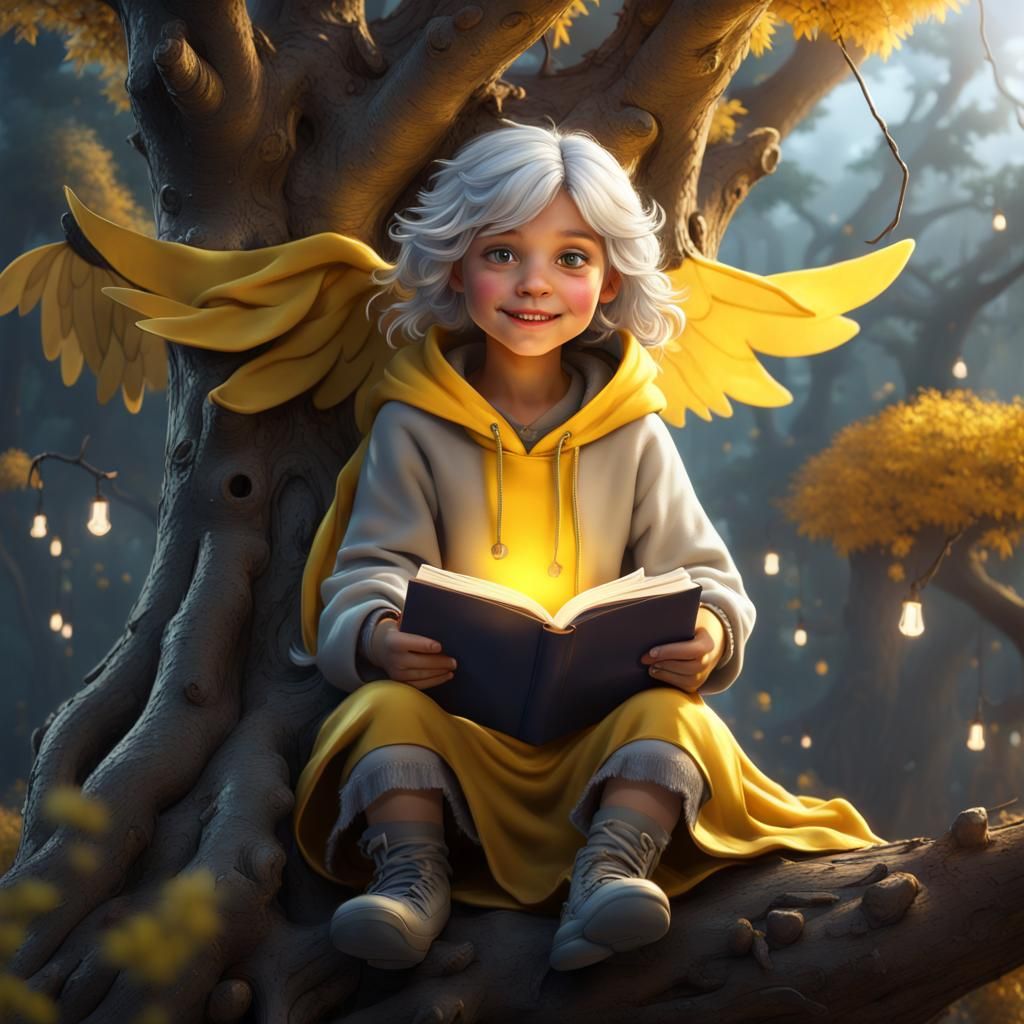 Winged Girl Reading in Bioluminescent Tree