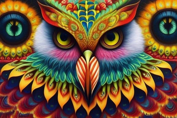 Colorful Fantasy Owls Oil Painting