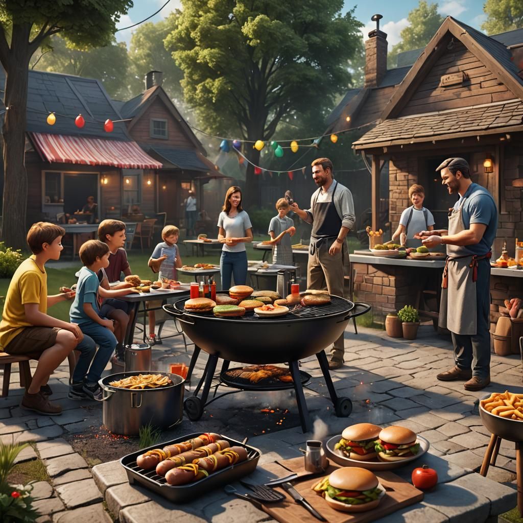 Backyard Cookout in Detailed Matte Painting Style