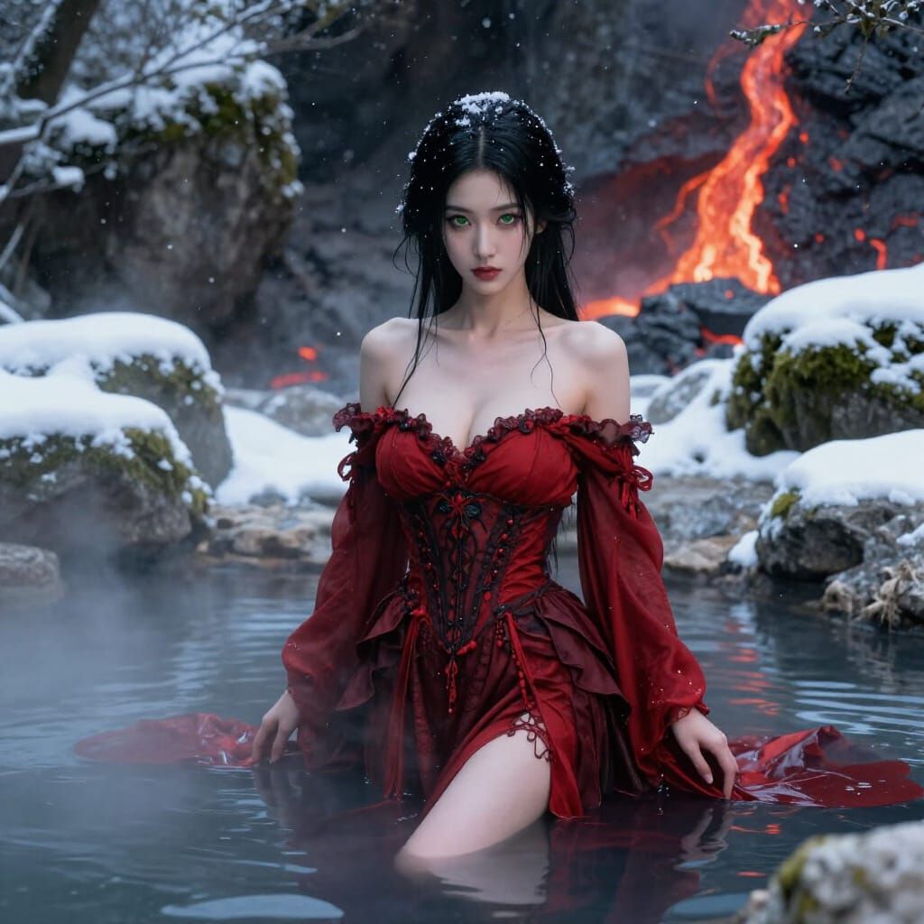Gothic Japanese Goddess in Hot Spring Landscape