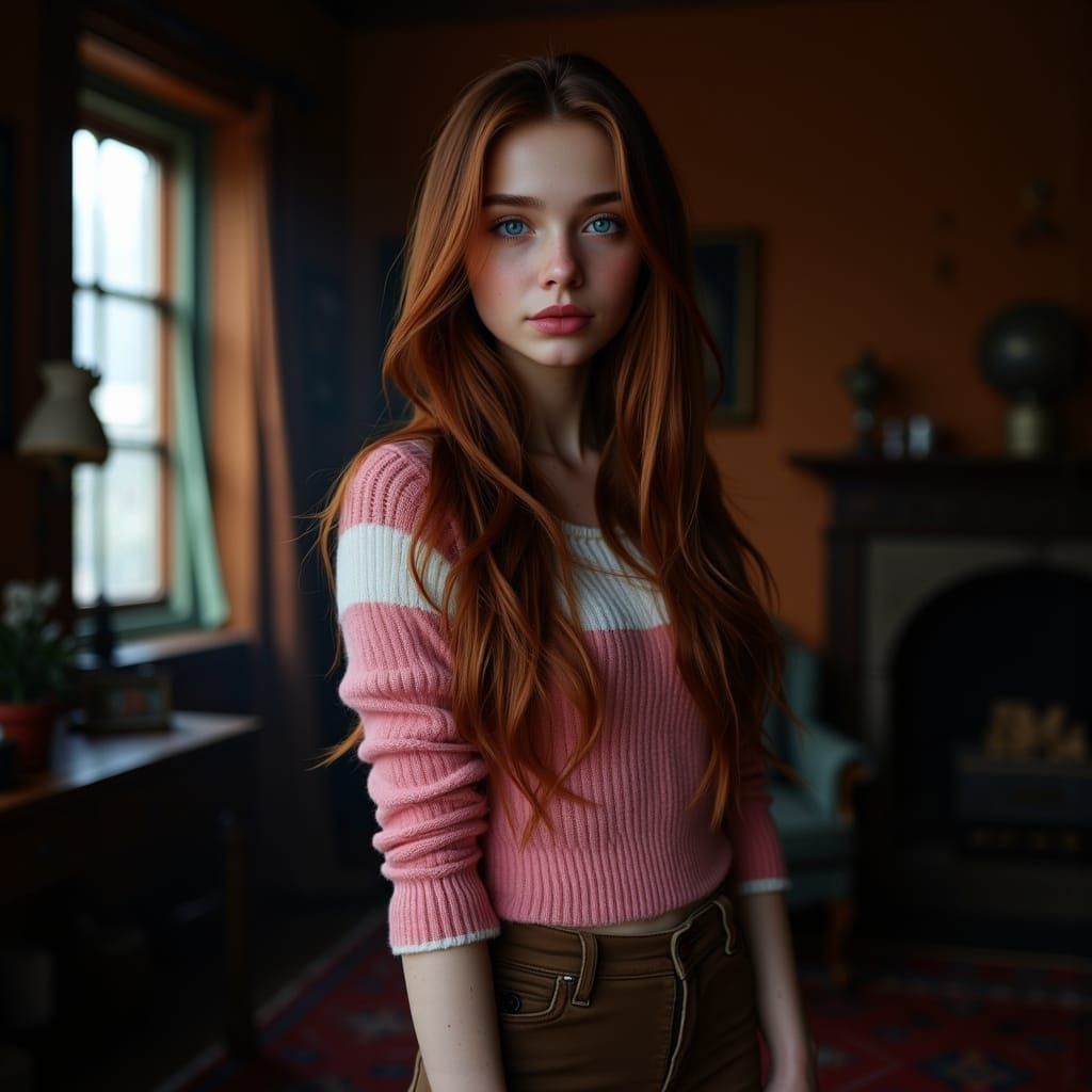 Photorealistic Portrait of a Redhead in Elegant Attire