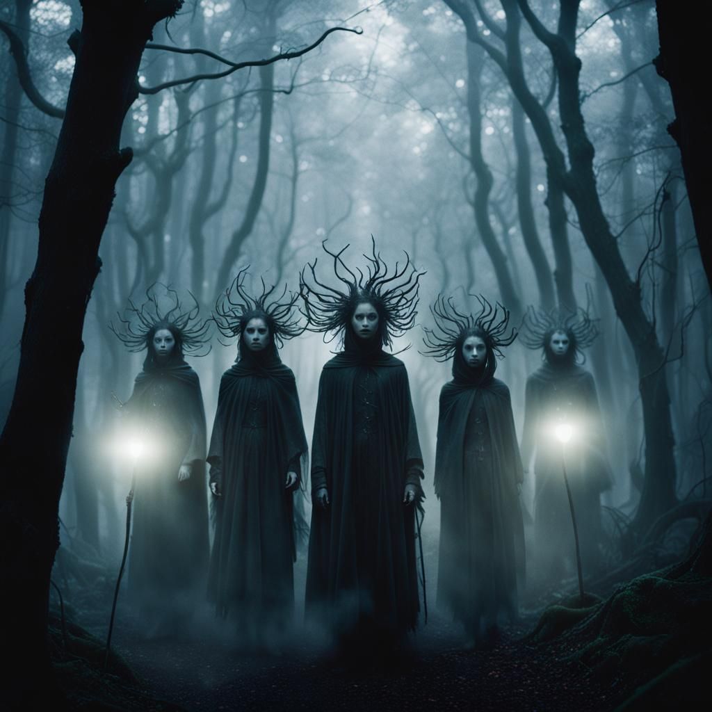 Ethereal Supernatural Beings in Misty Forest: Gothic Film St...