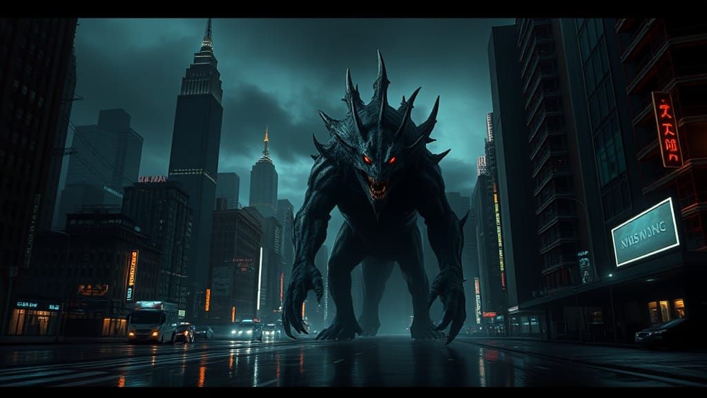 Terrifying Monster Emerges in Dark Gothic Cityscape