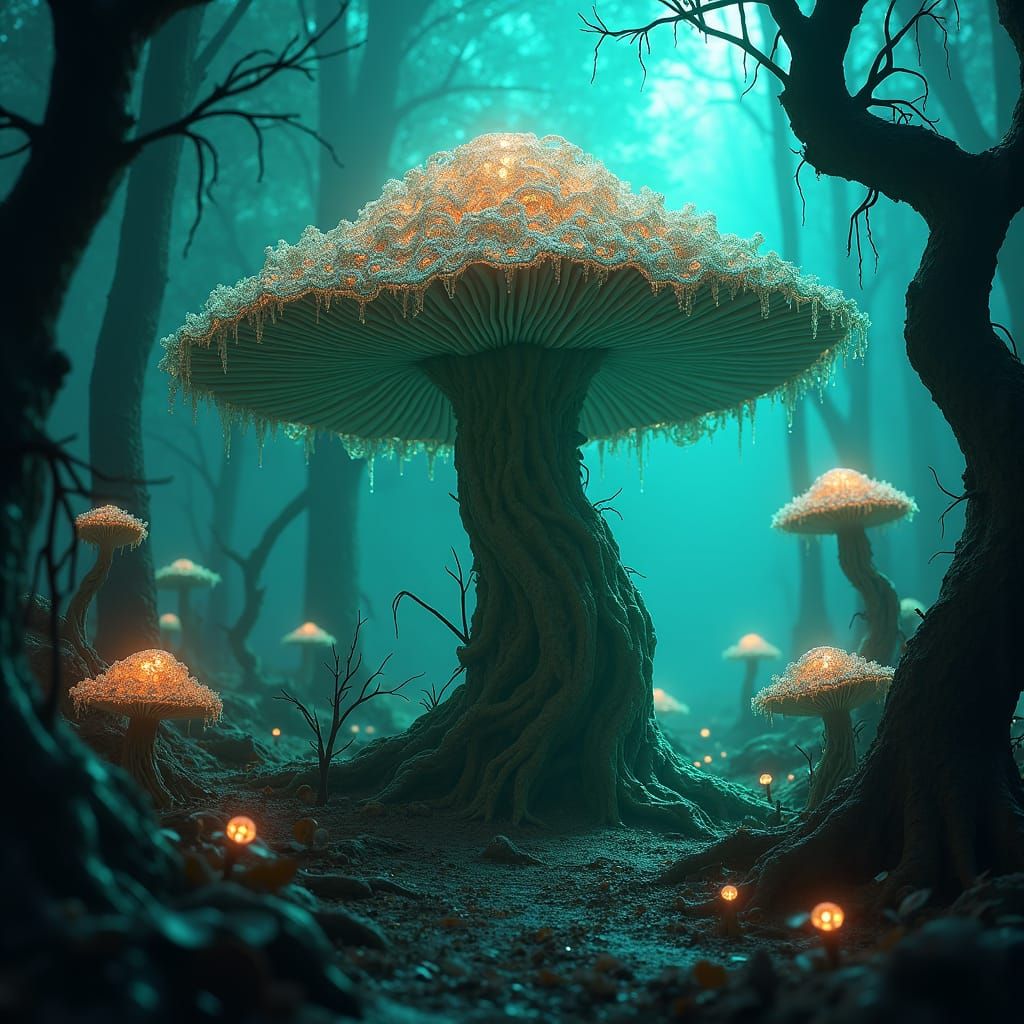 Eerie Mushroom House in Bioluminescent Horror Forest