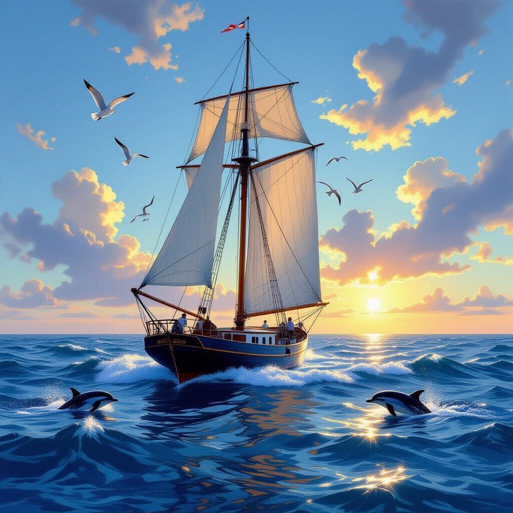 Schooner Sailing on a Sunny Ocean with Dolphins
