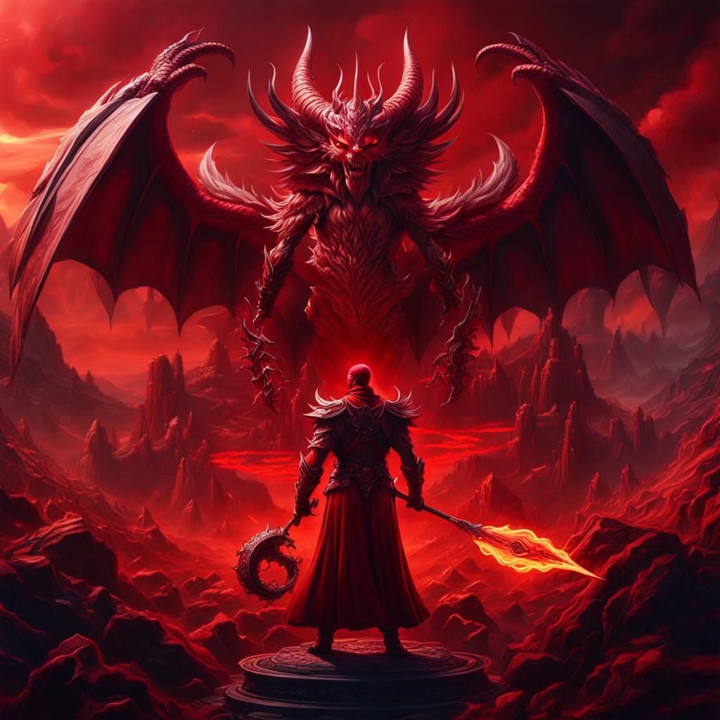 Crimson Devil Holding Earth: Detailed Matte Painting