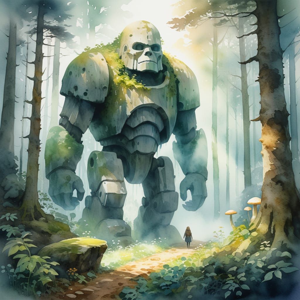Misty Forest Spirit Befriends Stone Golem in Dreamlike Glade