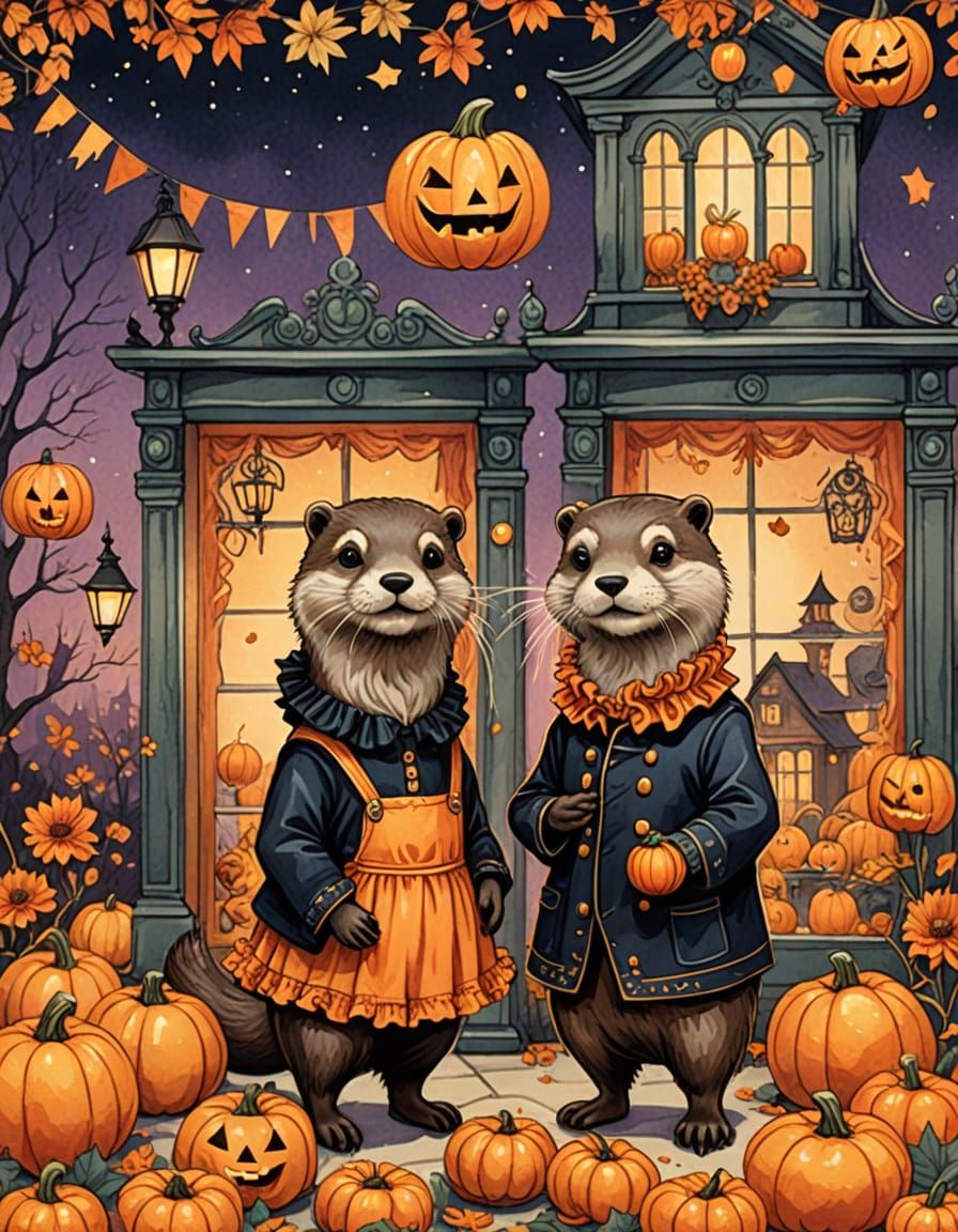 Anthropomorphic Otters in Vintage Halloween Costumes