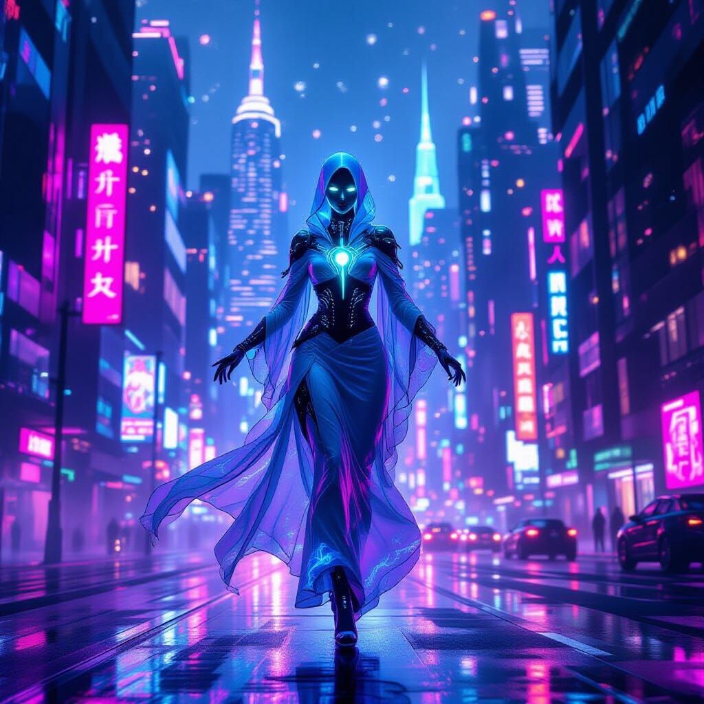 Ethereal Wraith Woman in Neon Cyberpunk Metropolis
