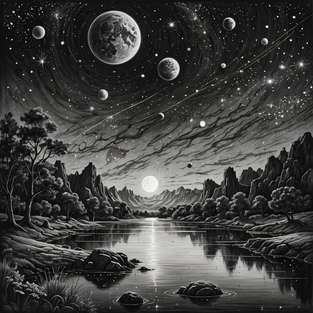 Detailed Charcoal Landscape Drawing of Night Sky