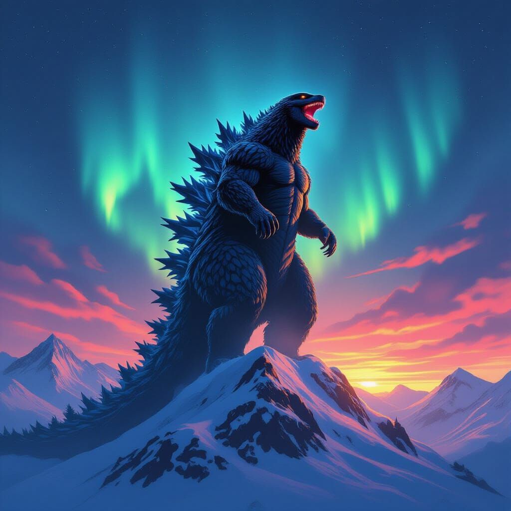 Godzilla Bigfoot Roaring on Aurora Mountain Peak