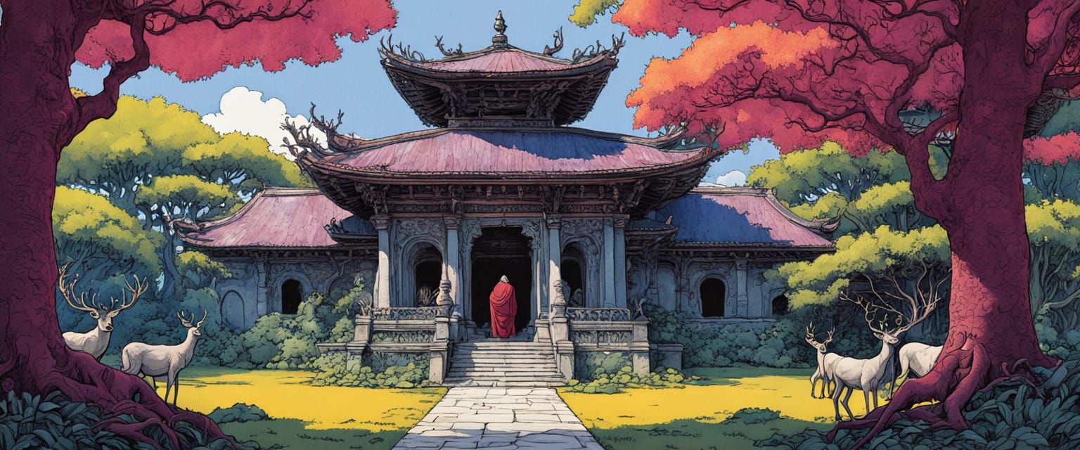 Rainforest Temple with Monks in Watercolor Style