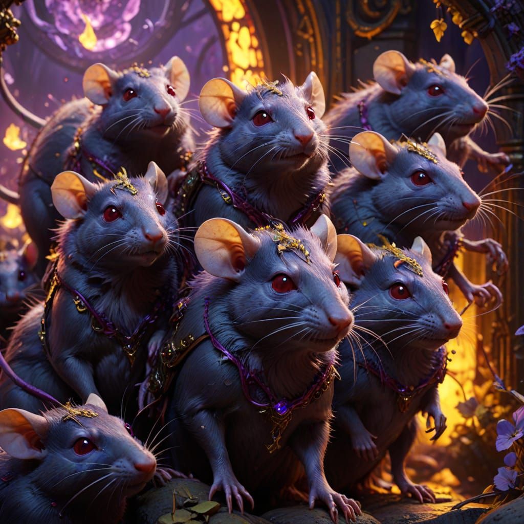 Ethereal Realm of Glowing Red-Eyed Rats in Dark Fantasy Art