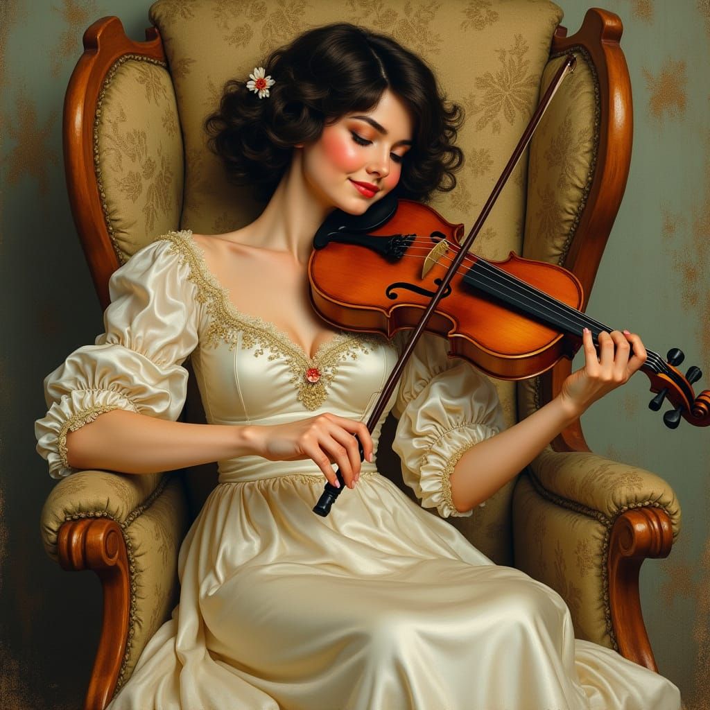 Elegant Woman in Silk Dress with Violin, Art Nouveau Style