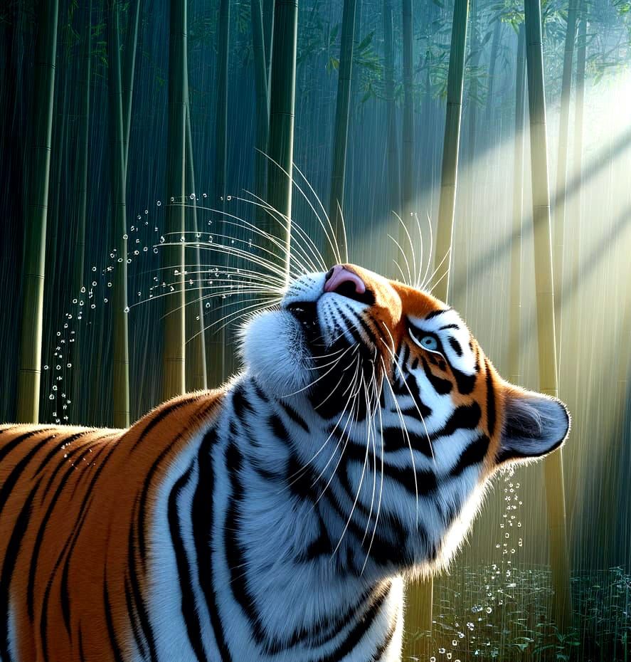 Bengal Tiger Shakes Head in Rainy Jungle