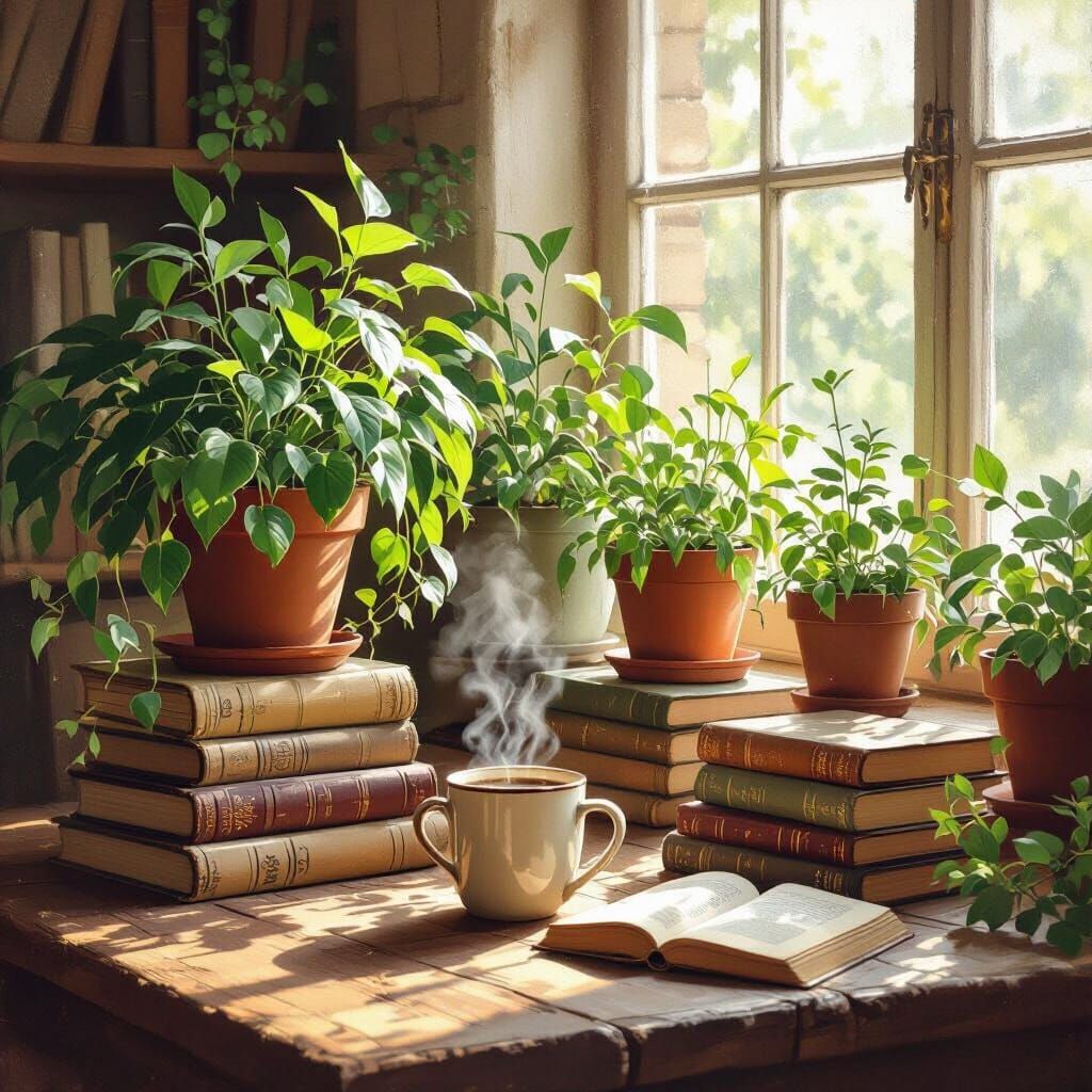 Cozy Rustic Table with Plants, Books, and Coffee