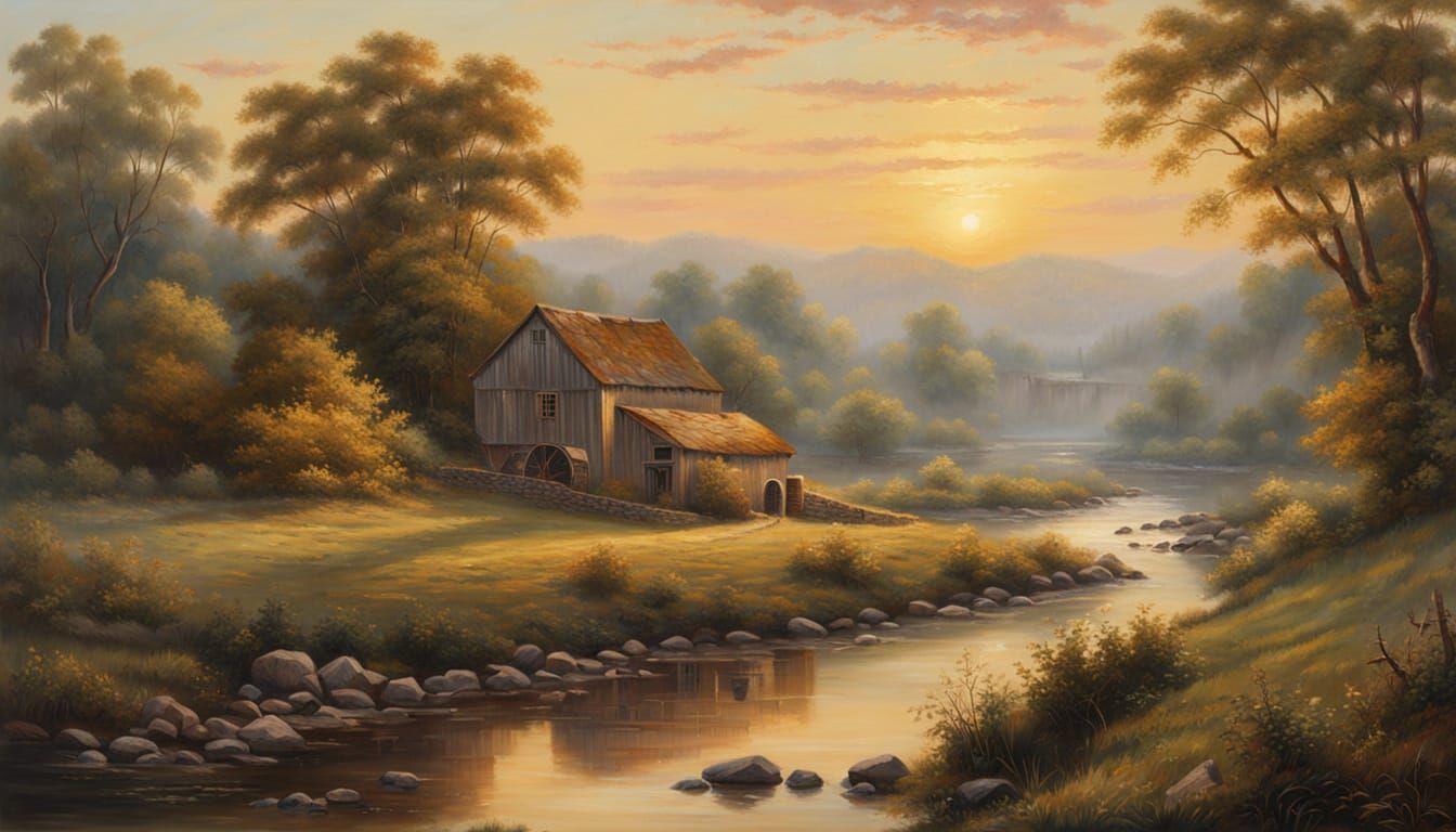 Old Mill at Daybreak: Oil Painting Landscape