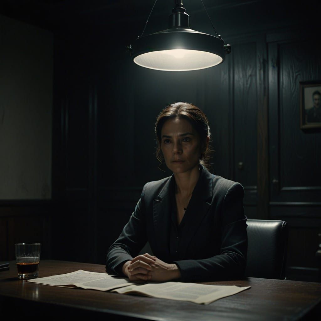 Cinematic Portrait of a Woman in an Interrogation Room