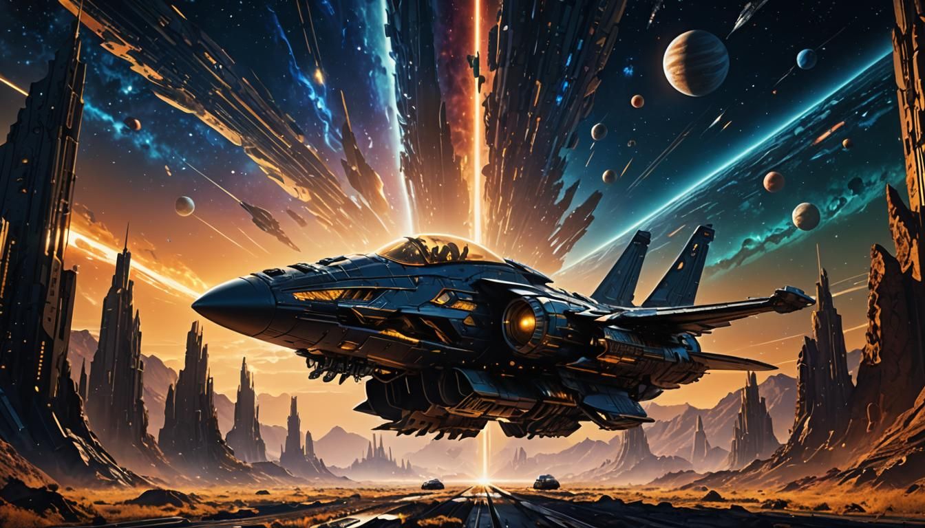 Eagle Spaceship Soaring Through Vivid Cosmic Landscape