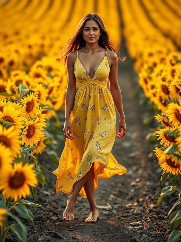 A model in a bright yellow floral sundress, walking barefoot...