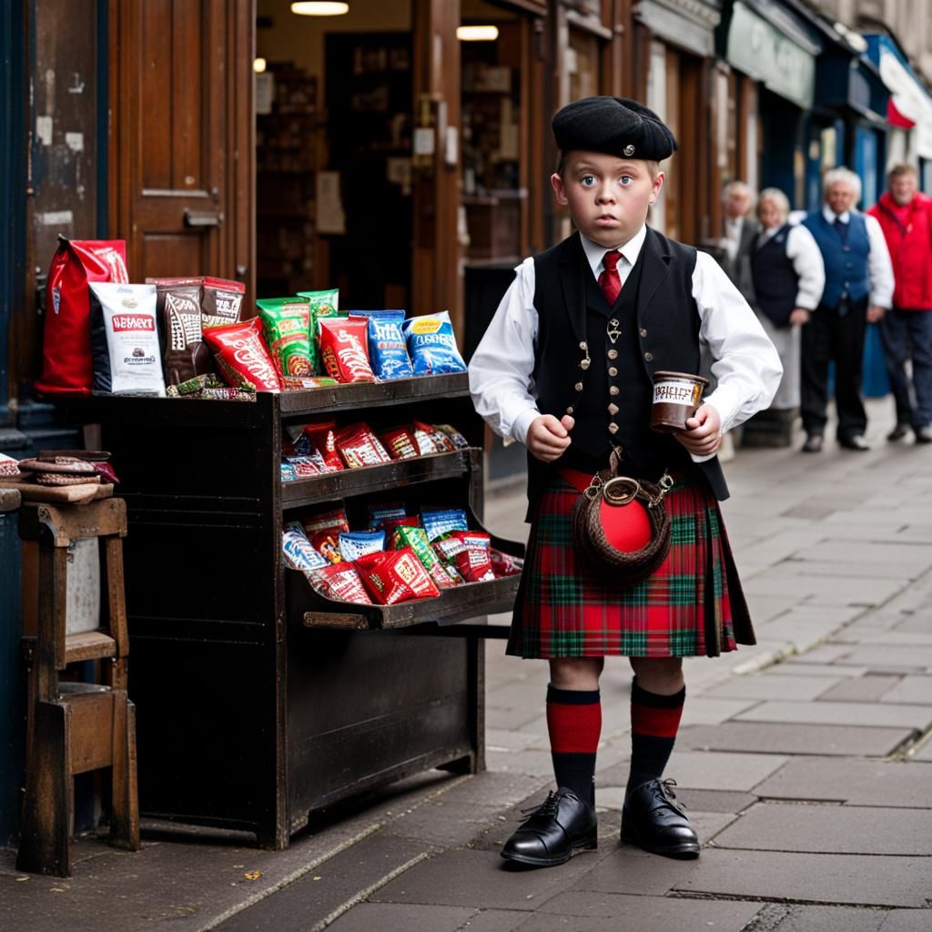 Scottish Figure Selling Chocolate in Kilt