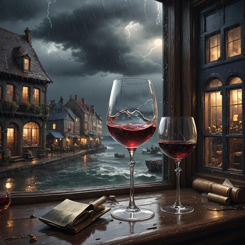 Wine Glass Reflecting Stormy Sea, Fantasy Concept Art