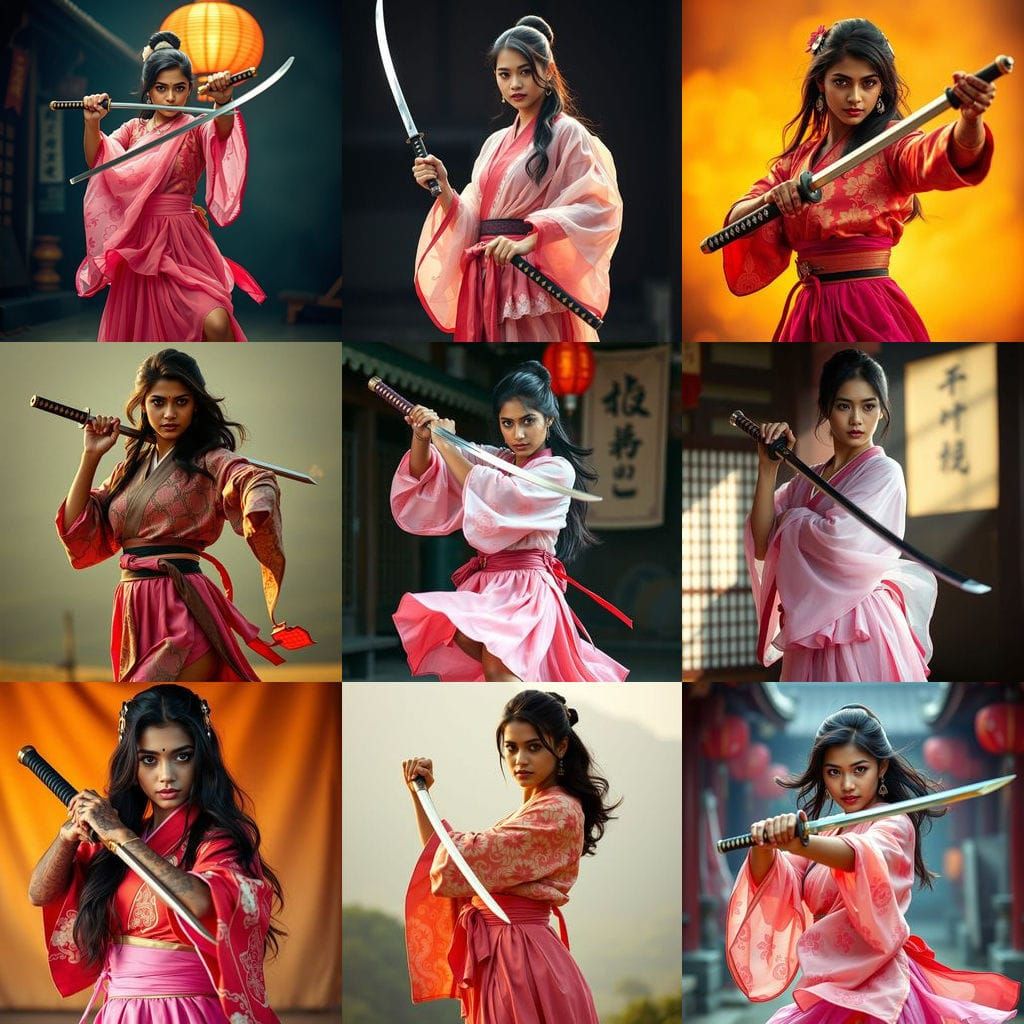 Indian Goddess in Kimono, Katana, and Pink Skirts, Cinematic...